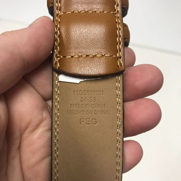 Mens Belt 34-36 Brown Leather Top Synthetic Lining Stitching Silver Tone Buckle - Picture 2 of 5